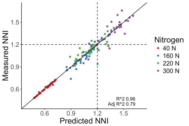 Figure 2. (upper) Relationship between GRVI, MSAVI2, NDVI, SR8 and measured NNI values. (lower) Predicted NNI values using a 5th degree orthogonal polynomial algorithm from the same VIs compared to measured NNI values with critical NNI shown as a dashed line.
